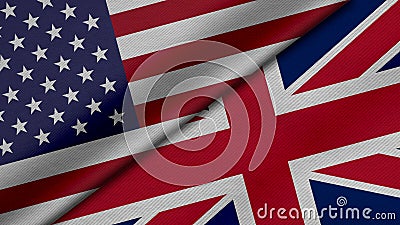 3D Rendering of two flags from United States of America and United Kingdom or Britain together with fabric texture, bilateral Stock Photo