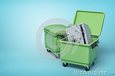 3d rendering of two green trash cans, front can open with bent and broken metal safe inside, on light-blue background. Stock Photo