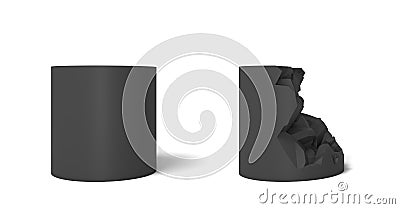 3d rendering of two isolated black cylinder one perfect and whole and another half broken. Stock Photo