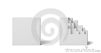 3d rendering of two isolated white squares one perfect and whole and another half broken. Stock Photo