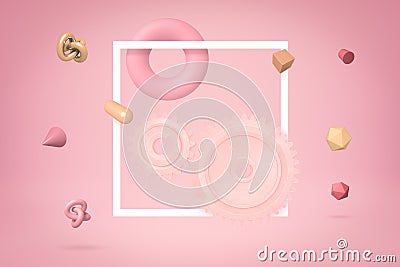 3d rendering of two light pink cogwheels and one torus on yogurt pink background, highlighted with a flat white frame Stock Photo