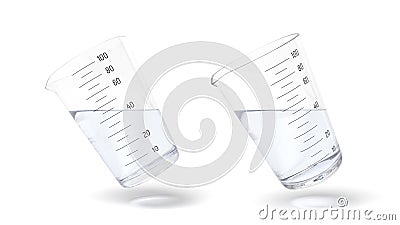 3d rendering of two measuring cups one half filled with transparent liquid isolated on white background Stock Photo