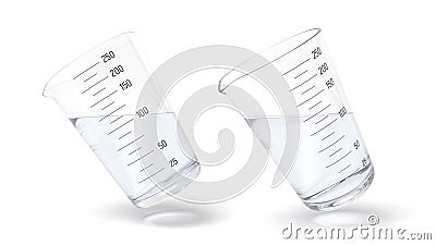 3d rendering of two measuring cups one half filled with transparent liquid isolated on white background Stock Photo