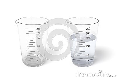 3d rendering of two measuring cups one half filled with transparent liquid isolated on white background Stock Photo