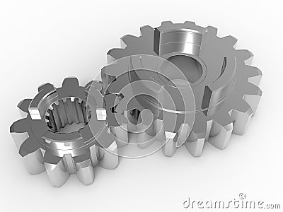 3D rendering - two metallic interlocking cogs Cartoon Illustration