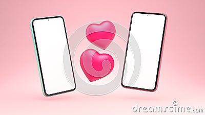 3D rendering two mobile phones mockup with red hearts for dating app design or Valentines day. 3D illustration template. Empty Cartoon Illustration