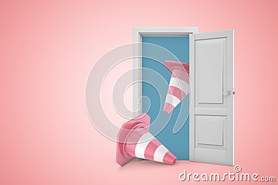 3d rendering of two pink road cones emerging from open door on pink copyspace background. Stock Photo