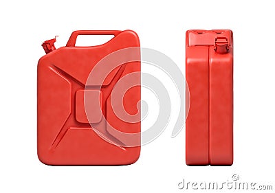 3d rendering of two red gas cans, front view and side view, isolated on white background. Stock Photo