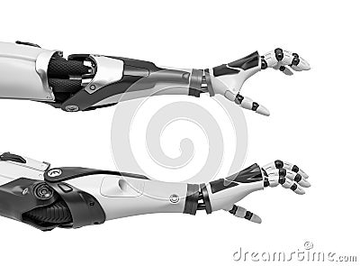 3d rendering of two robot arms with hand fingers in grabbing motion on white background. Stock Photo