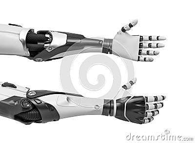 3d rendering of two robot arms with hands relaxed and open for handshake. Stock Photo