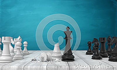 3d rendering of two sets of chess figures standing on a wooden desk where a black kind stands near a broken white one. Stock Photo