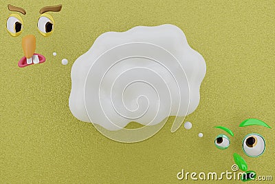 3d rendering of Two Unique Faces, Angry and Confused Expression, Cloud and Yellow Wall. Stock Photo