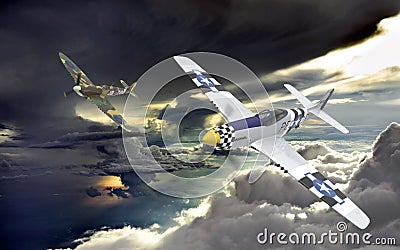 3D rendering of Two world war two airplanes flying in formation in the clouds Stock Photo