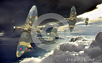 3d rendering of two world war two airplanes flying together in the clouds Stock Photo