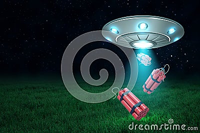 3d rendering of UFO under night sky dropping three dynamite bundles from its open hatch down onto green field. Stock Photo