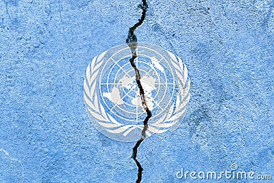 3D rendering of the UN flag on a cracking rough surface Editorial Stock Photo