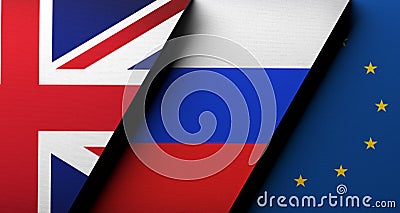 United Kingdom Vs Russia Vs European Union Flag Concept Stock Photo