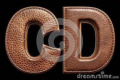 Set of leather letters C, D uppercase. 3D render font with skin texture isolated on black background. 3d rendering Stock Photo