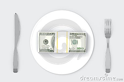 3d rendering. US one hundred dollar stack on dish with spoon and folk on gray background. Eating money or rich concept Stock Photo