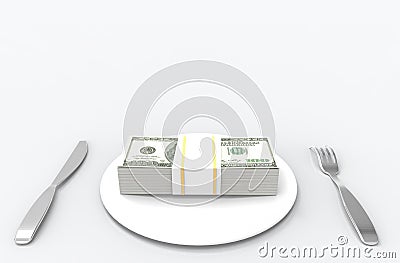 3d rendering. US one hundred dollars stack on white dish with folk, spoon on copy space gray background. Eating money or rich con Stock Photo