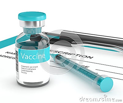 3d rendering of vaccine vial with syringe and prescription Stock Photo