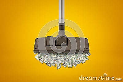 3d rendering of vacuum cleaner floor brush that is sucking in a heap of dollar banknotes on amber background. Stock Photo