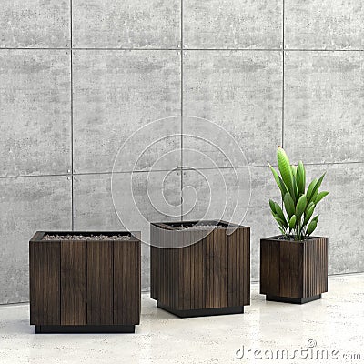 3D rendering Variants wood flower pots for interior Stock Photo