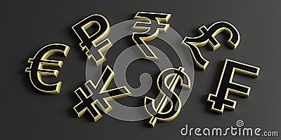 3d rendering various currency golden symbols Stock Photo