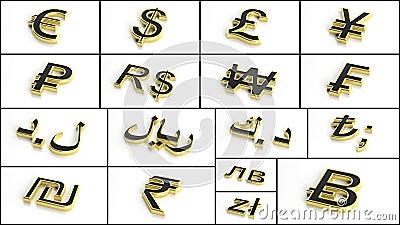 3d rendering various currency symbols collage Stock Photo