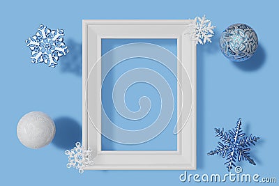 3d rendering vertical picture frame mockup, snowflakes and balls with frosty texture on a blue background Stock Photo