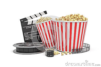 3d rendering of a video reel, popcorn buckets and a clapperboard on a white background. Stock Photo