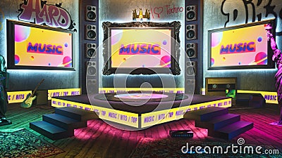 3D rendering Virtual studio with music stage. Displays with banners mock up, loudspeakers, guitar, cassette and modern Stock Photo