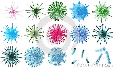 3d rendering virus bacteria icons set, abstract beautiful microbiological colorful cell microbe virus molecule bacteria Stock Photo