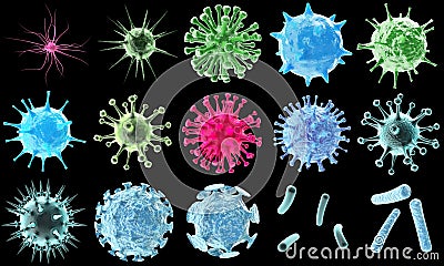 3d rendering virus bacteria icons set, abstract beautiful microbiological colorful cell microbe virus molecule bacteria Stock Photo