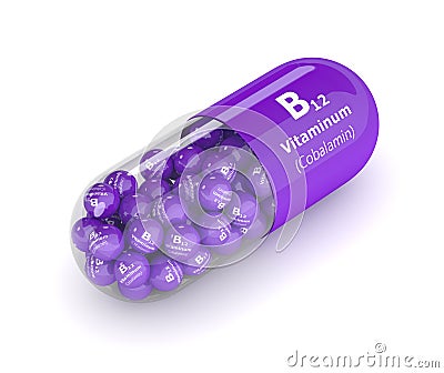 3d rendering vitamin B12 pill with granules over white Stock Photo