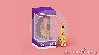 3D Rendering voxel cube isometric of couple giraffes animal using red, purple and white color scheme Stock Photo