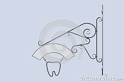 3D rendering of a wall sign for dentistry on blue background. Forged steel sign with a tooth on the chain. front view. Stock Photo