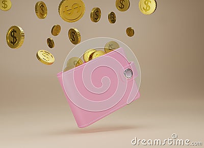 3d rendering Wallet and gold coins on beige background. Falling coins and pink purse. Cashless society concept. Growth, income, Stock Photo