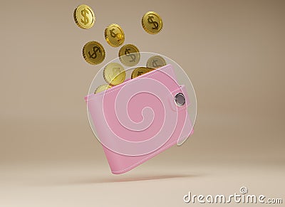 3d rendering Wallet and gold coins on beige background. Falling coins and pink purse. Cashless society concept. Growth, income, Stock Photo