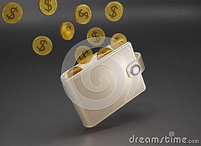 3d rendering Wallet and gold coins on black background. Falling coins and gold purse. Cashless society concept. Growth, income, Stock Photo