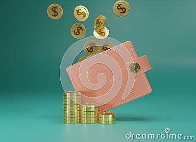 3d rendering Wallet and gold coins on green background. Falling and stack coins and orange purse. Cashless society concept. Growth Stock Photo