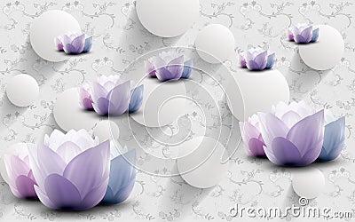 3d rendering wallpaper abstract background with gray white circles and gray background and purple pink flowers . modern abstract Stock Photo