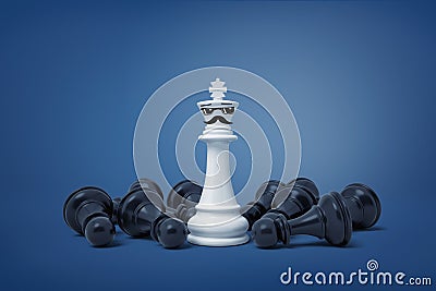 3d rendering of white chess king with painted glasses and moustache stands surrounded by fallen black pawns. Stock Photo
