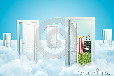 3d rendering of white clouds with open doorways, popcorn bucket and movie clapper on blue sky background Stock Photo