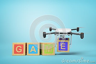 3d rendering of white drone carrying alphabet toy blocks making `GAME` sign on blue background Stock Photo