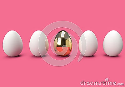 3d rendering of white egg and gold egg row on pink background, 3d minimal concept for Easter egg festival Stock Photo