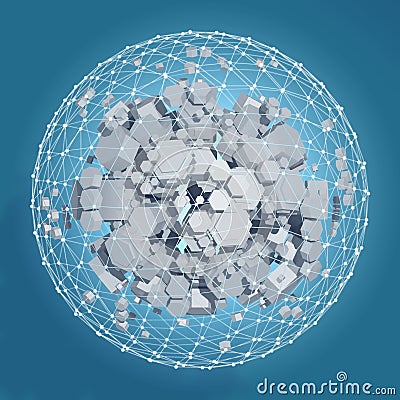 3D rendering of white hexagonal prism. Sci-fi background. Abstract sphere in empty space. Stock Photo