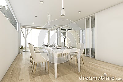 3d rendering white minimal dining room with outdoor view Stock Photo