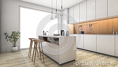 3d rendering white modern kitchen with wood bar Stock Photo