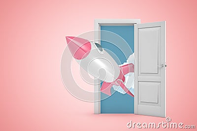 3d rendering of a white open doorway with silver pink space rocket on light pink background Stock Photo